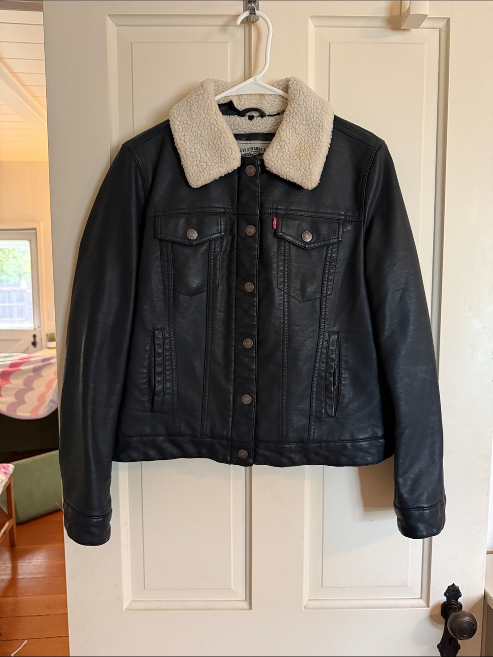 Levi's Black Faux-Leather Trucker with Cream Sherpa Collar